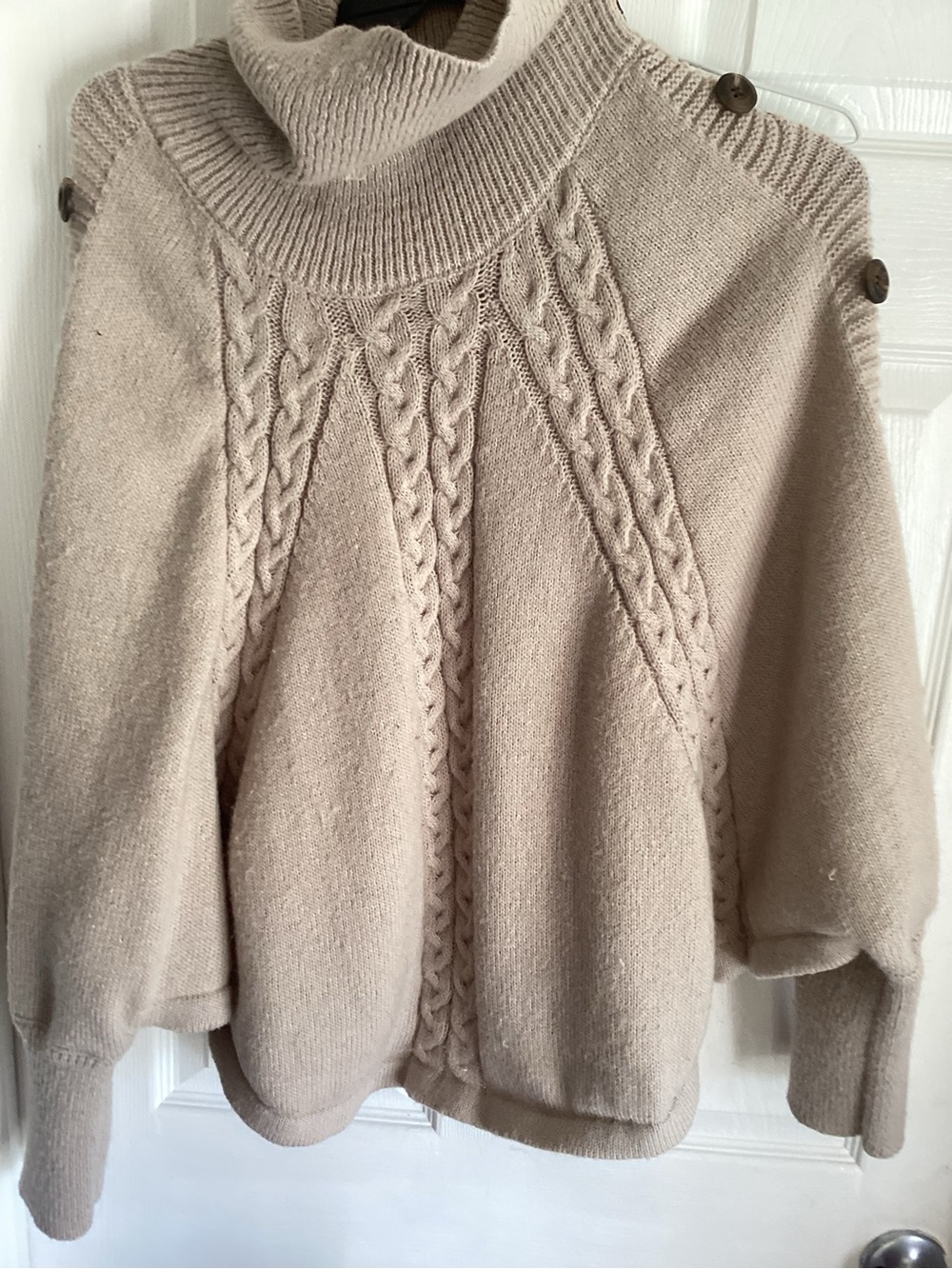 Cable-Knit Turtleneck Poncho Sweater - Beige